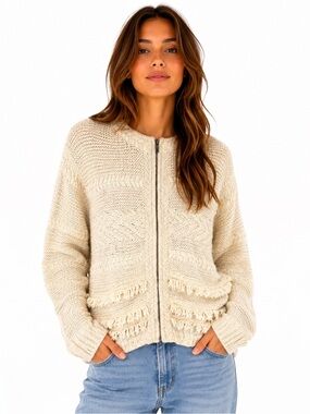 EDC by Esprit Ivory Cable Knit Fringe Zip Cardigan Women XL Boho